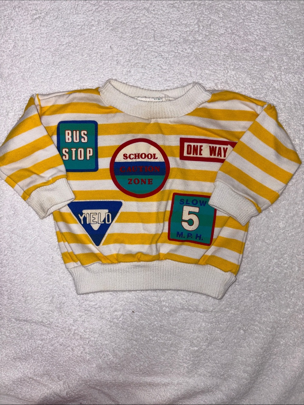 healthtex Yellow & White Striped Sweatshirt with Road Sign Patches vintage 12m